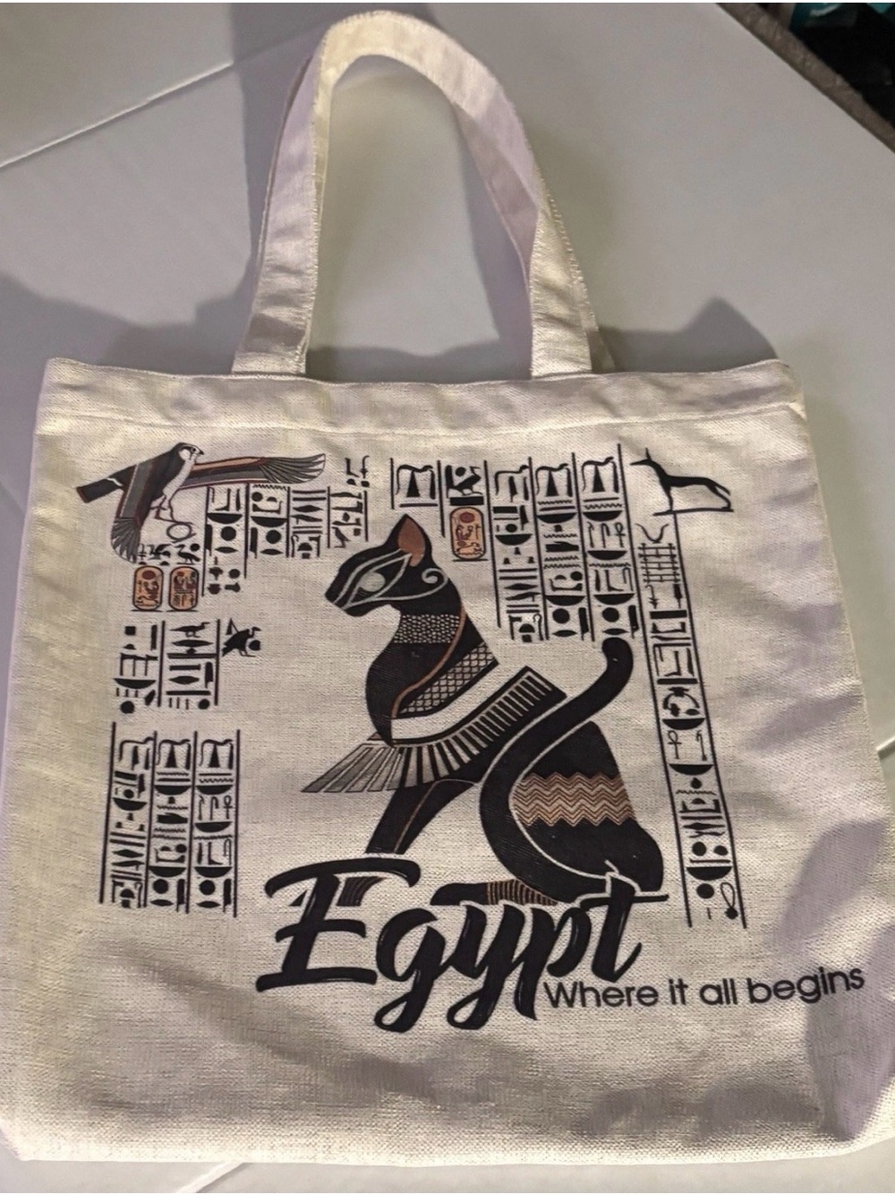Egypt Cat Tote Bag - Cream with Black Print
